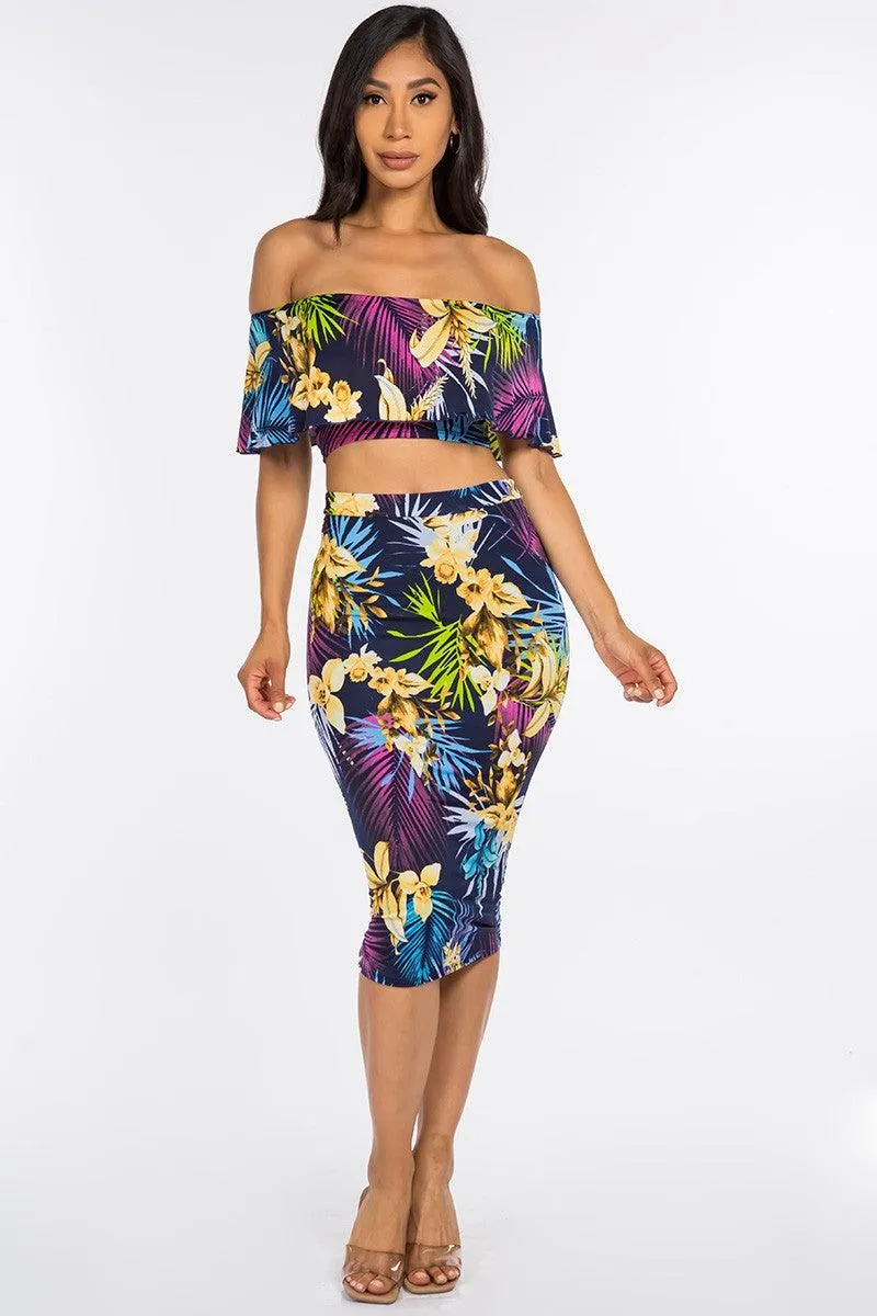 2pc set- tropical print off the shoulder tube top & midi skirt