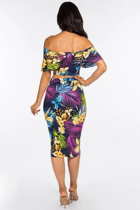 2pc set- tropical print off the shoulder tube top & midi skirt
