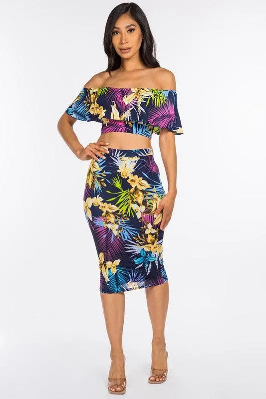 2pc set- tropical print off the shoulder tube top & midi skirt