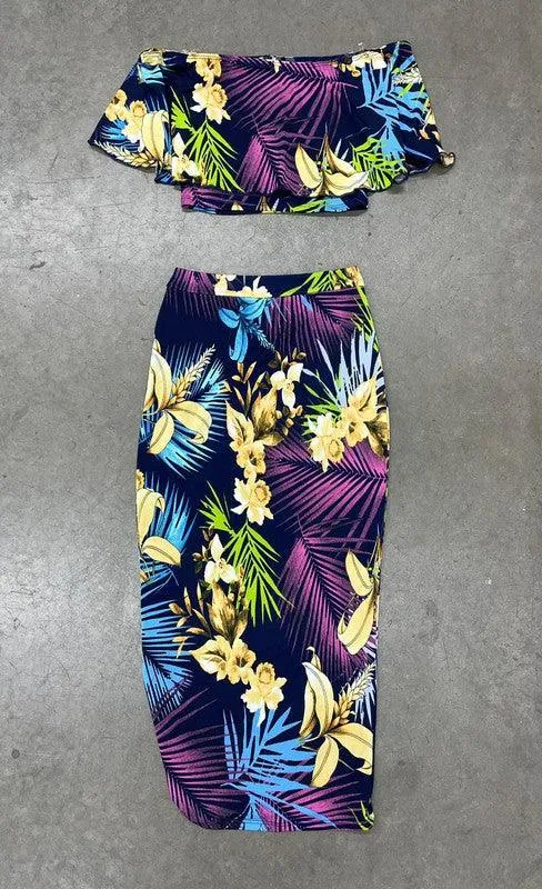 2pc set- tropical print off the shoulder tube top & midi skirt