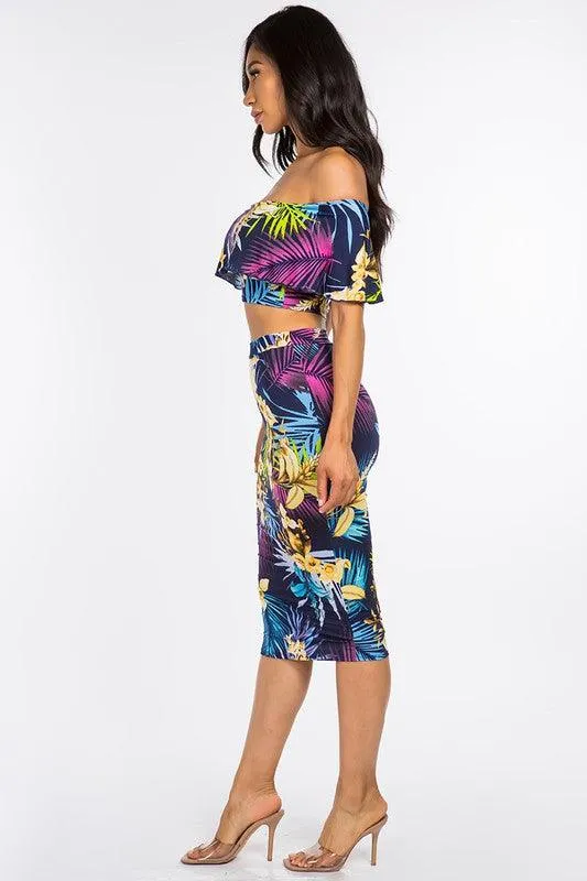 2pc set- tropical print off the shoulder tube top & midi skirt