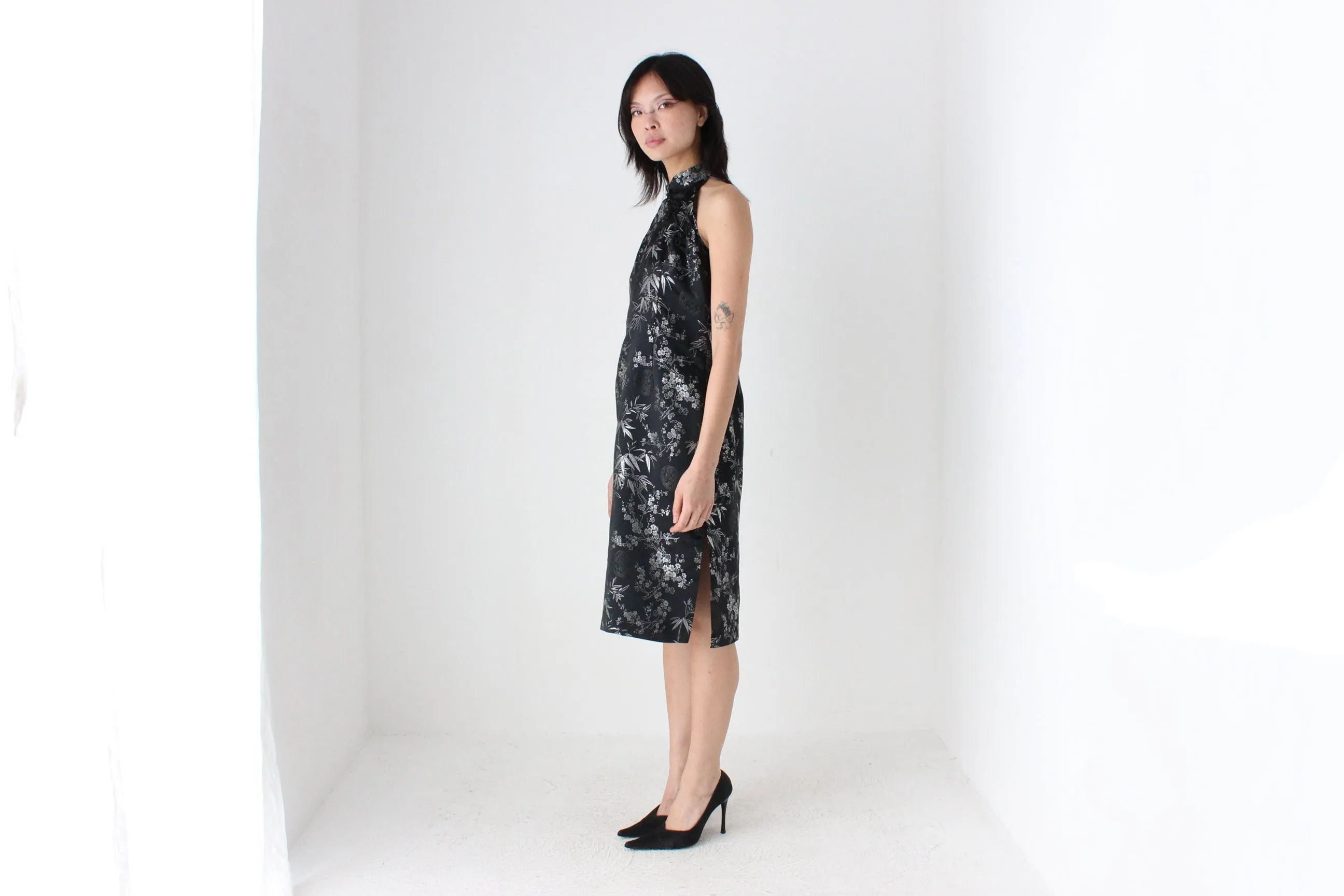 90s Chinese Satin Black   Silver Wiggle Fitted Dress
