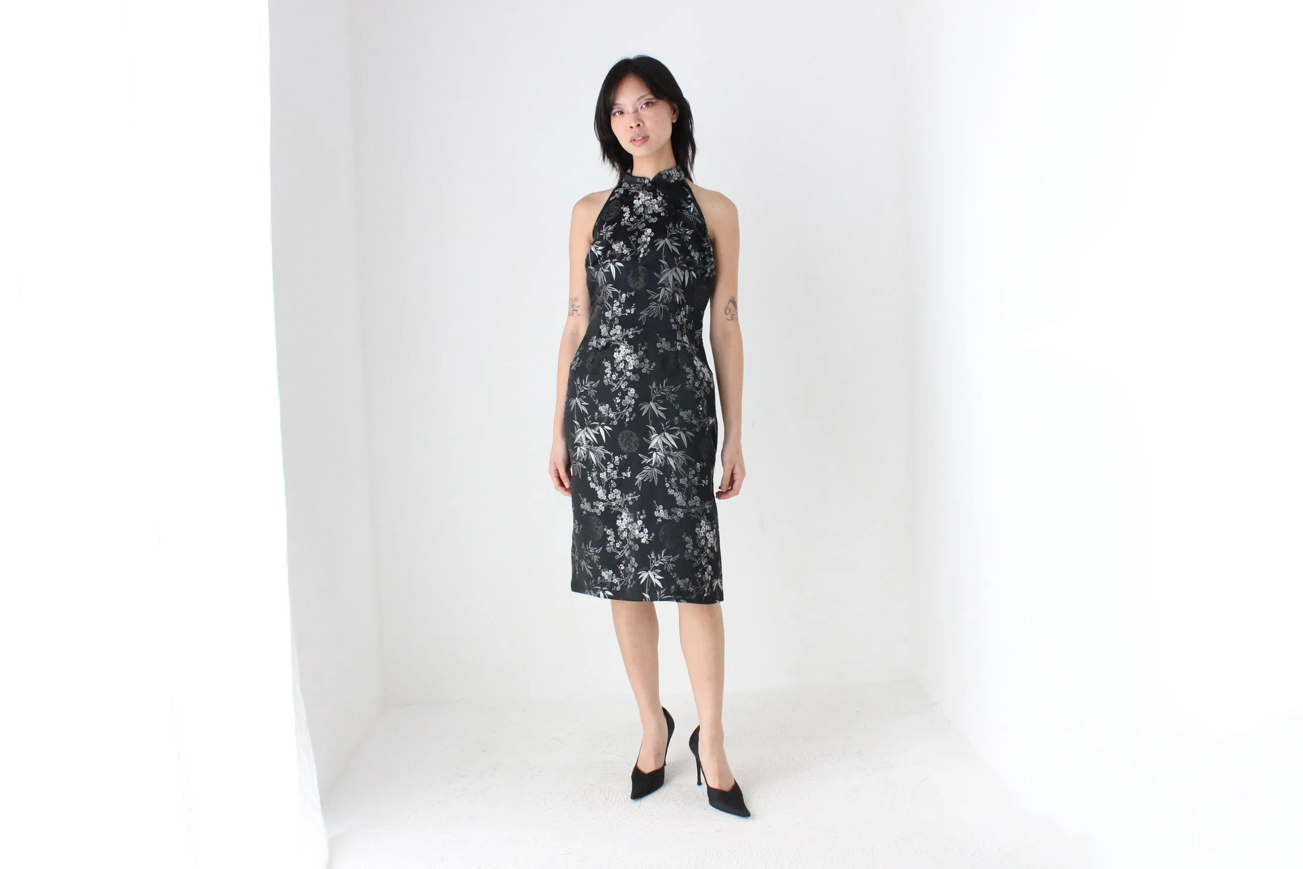90s Chinese Satin Black   Silver Wiggle Fitted Dress