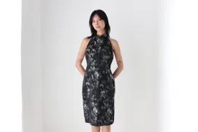 90s Chinese Satin Black   Silver Wiggle Fitted Dress