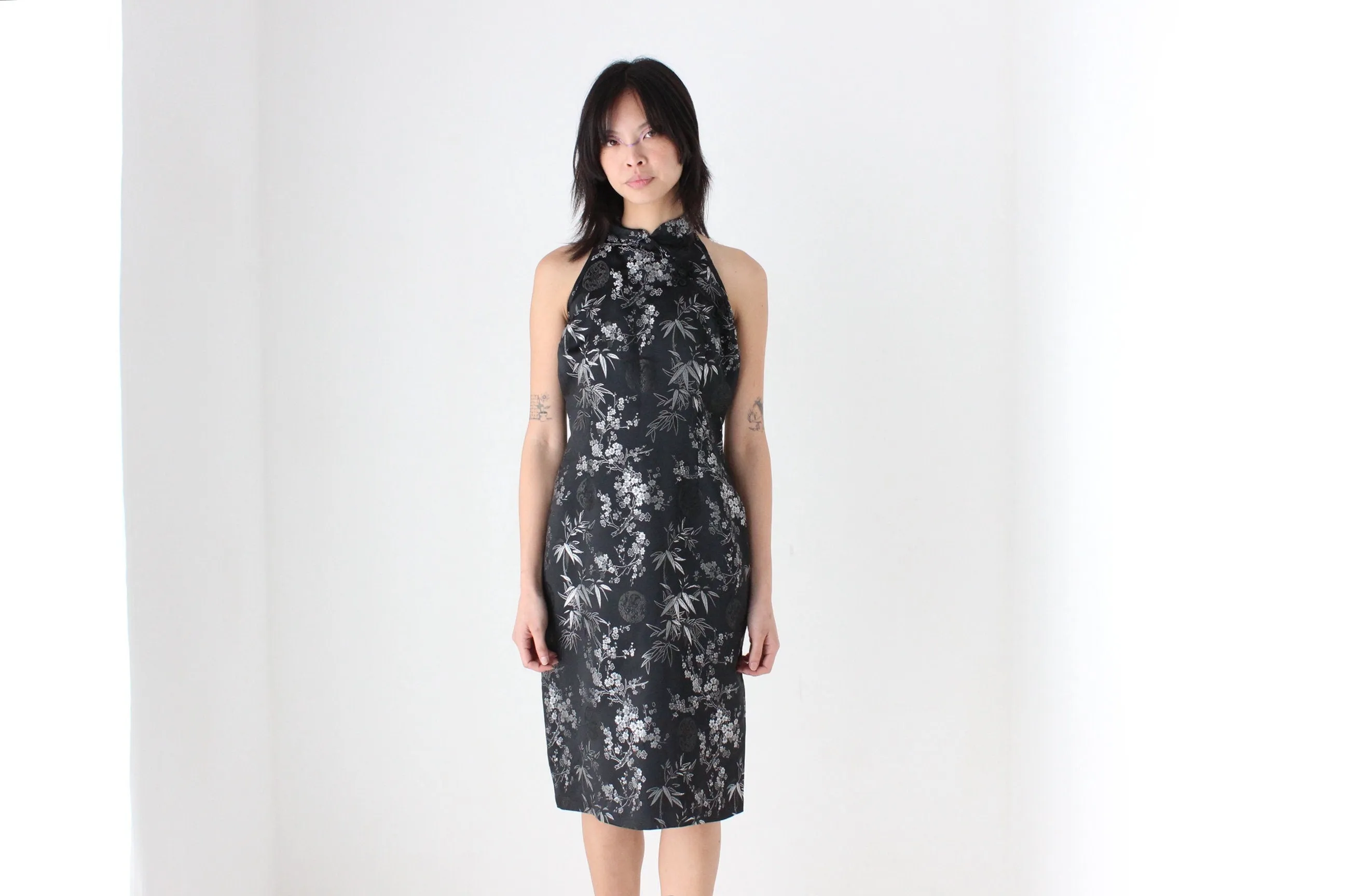 90s Chinese Satin Black   Silver Wiggle Fitted Dress