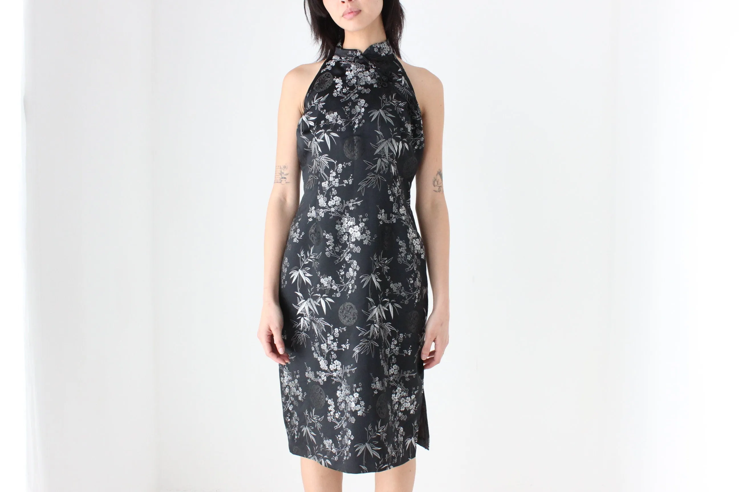 90s Chinese Satin Black   Silver Wiggle Fitted Dress
