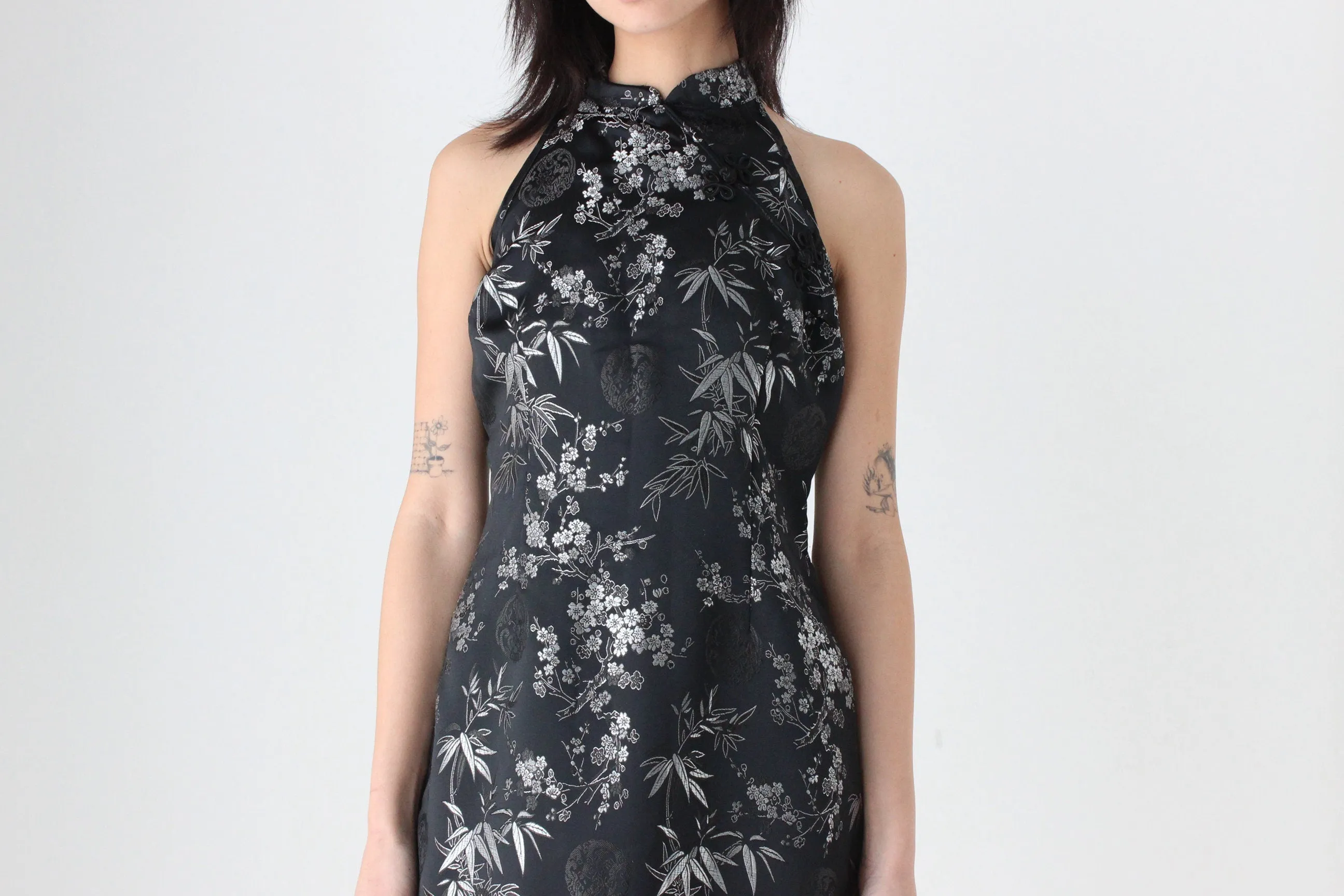 90s Chinese Satin Black   Silver Wiggle Fitted Dress