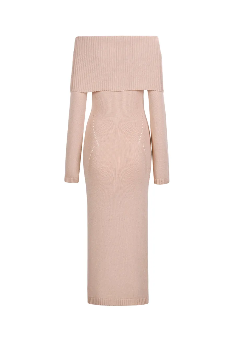 An off-the-shoulder wool knit dress