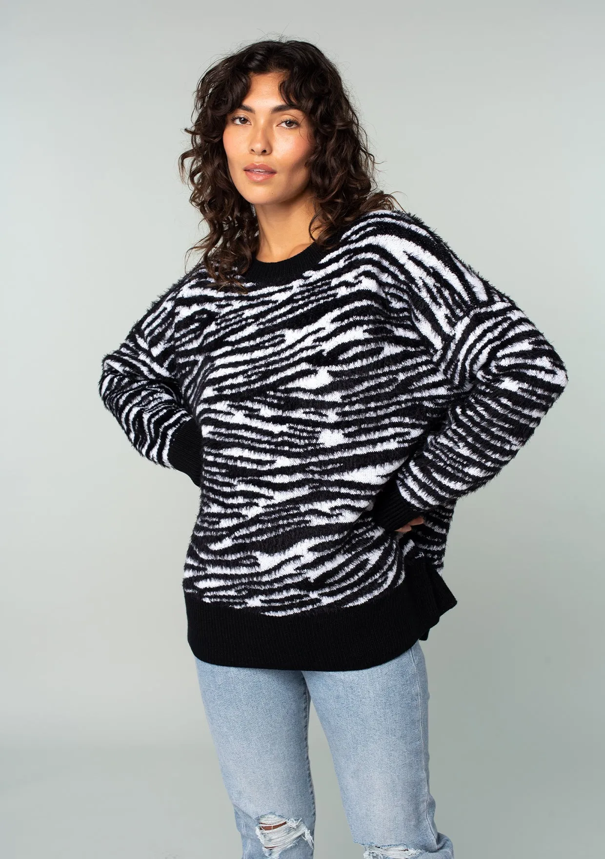 Animal Print Crew Neck Over Sized Pullover Sweater