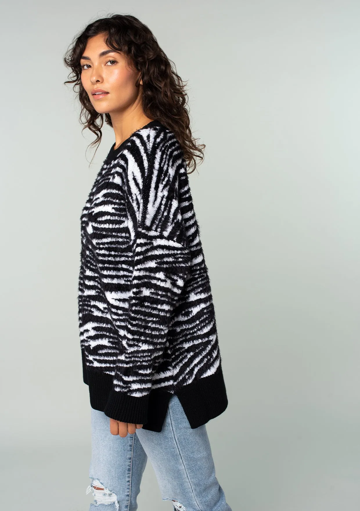 Animal Print Crew Neck Over Sized Pullover Sweater