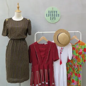 Bambi | Vintage 1060s 1970s Black yellow bamboo stripes black dress with Yellow buttons