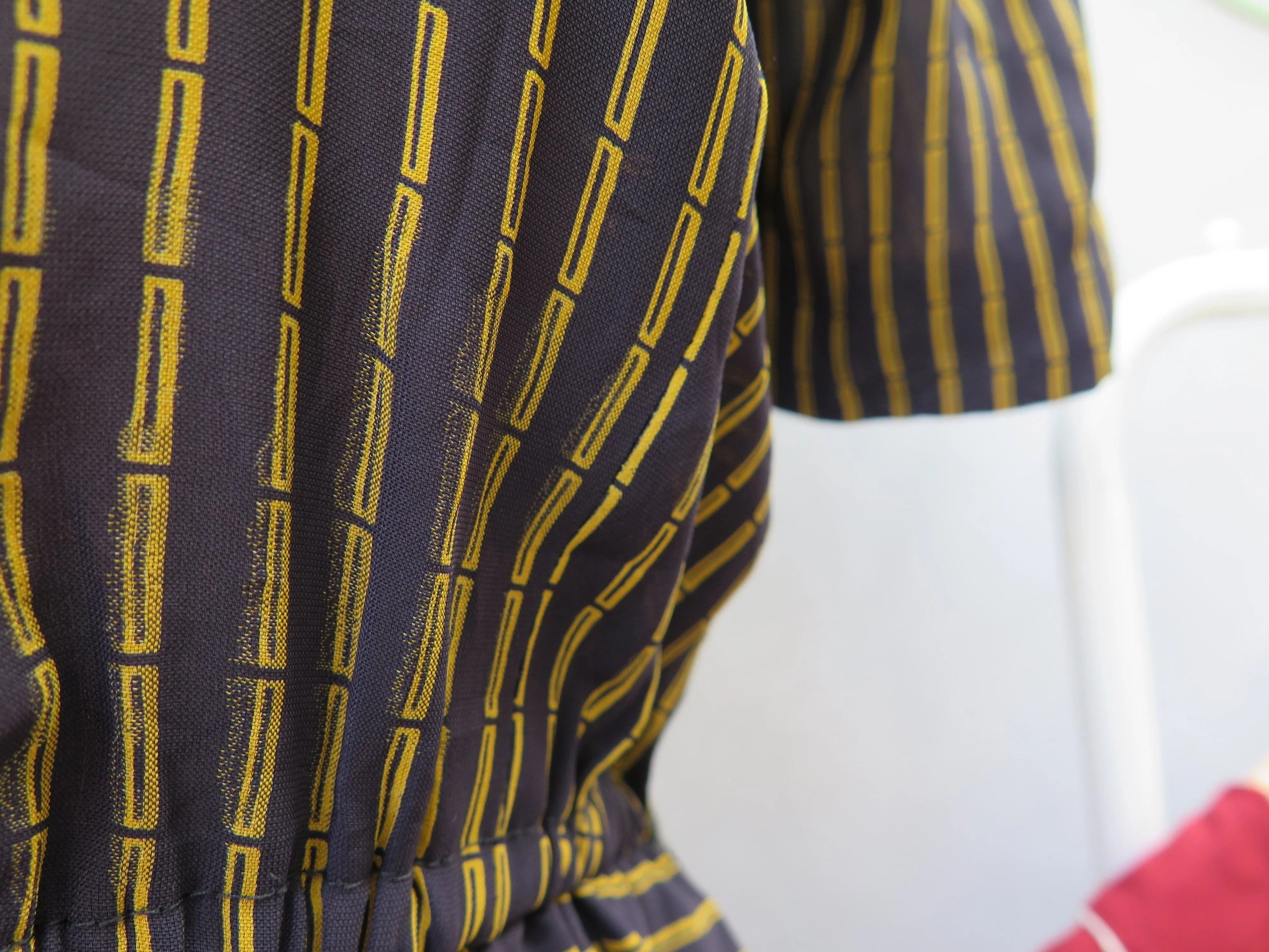 Bambi | Vintage 1060s 1970s Black yellow bamboo stripes black dress with Yellow buttons