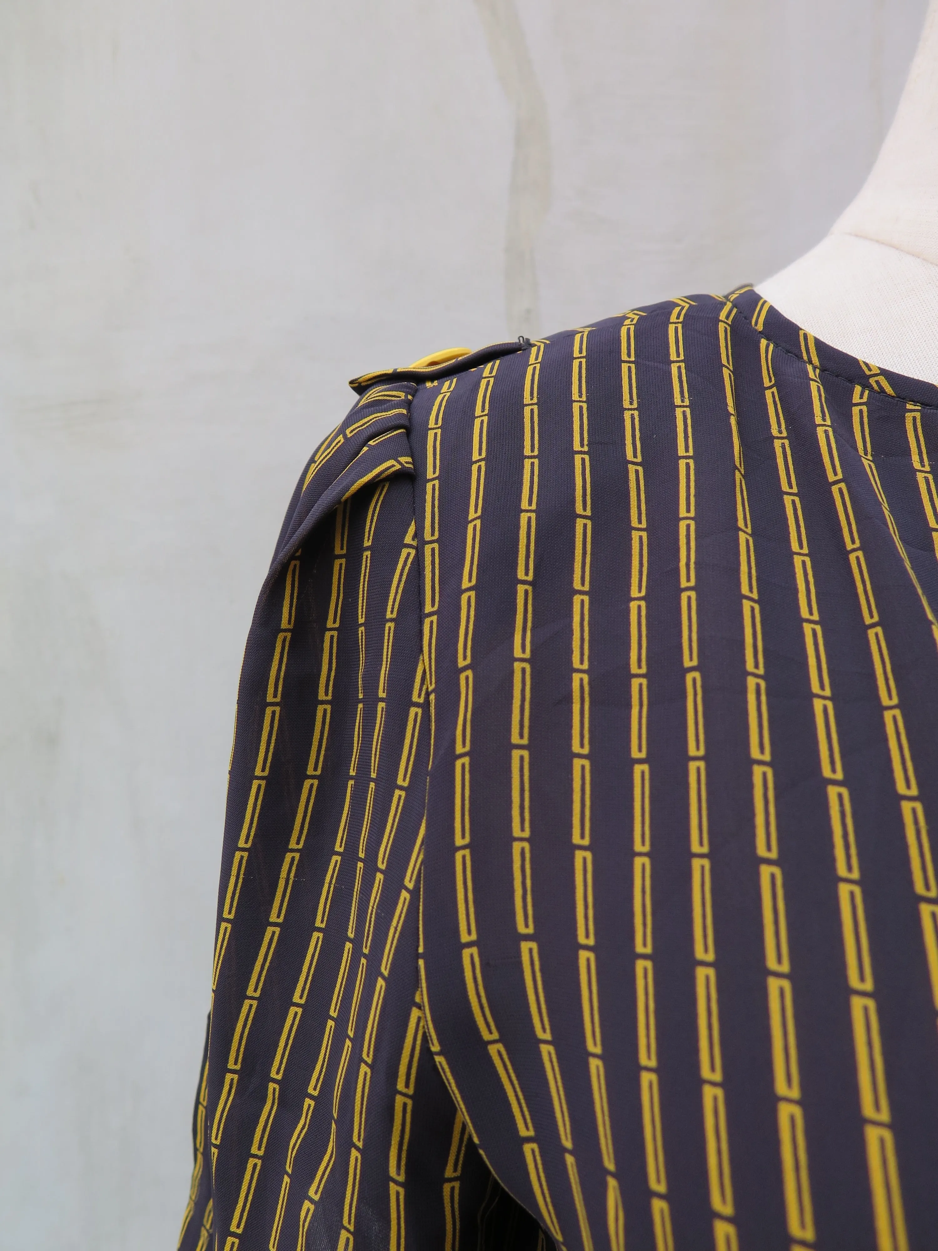 Bambi | Vintage 1060s 1970s Black yellow bamboo stripes black dress with Yellow buttons
