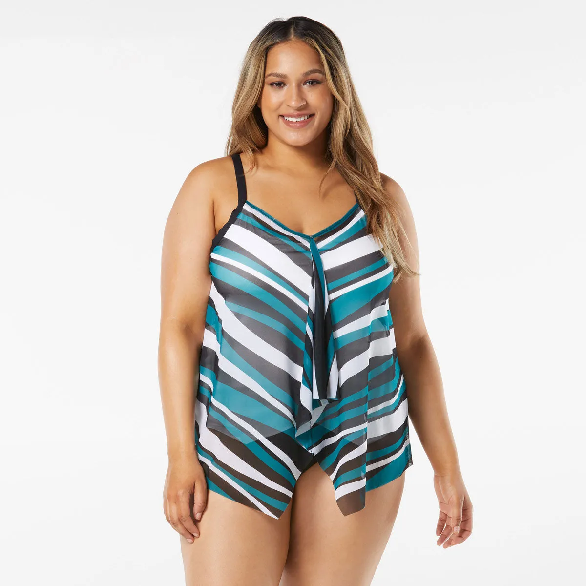 Beach House: Plus Wave Pool Stripe Kerry Mesh Layer Tankini Top