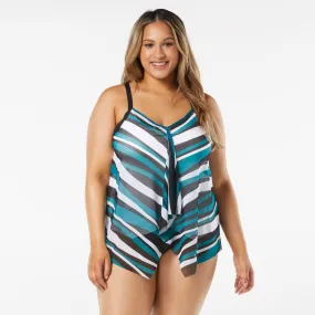 Beach House: Plus Wave Pool Stripe Kerry Mesh Layer Tankini Top