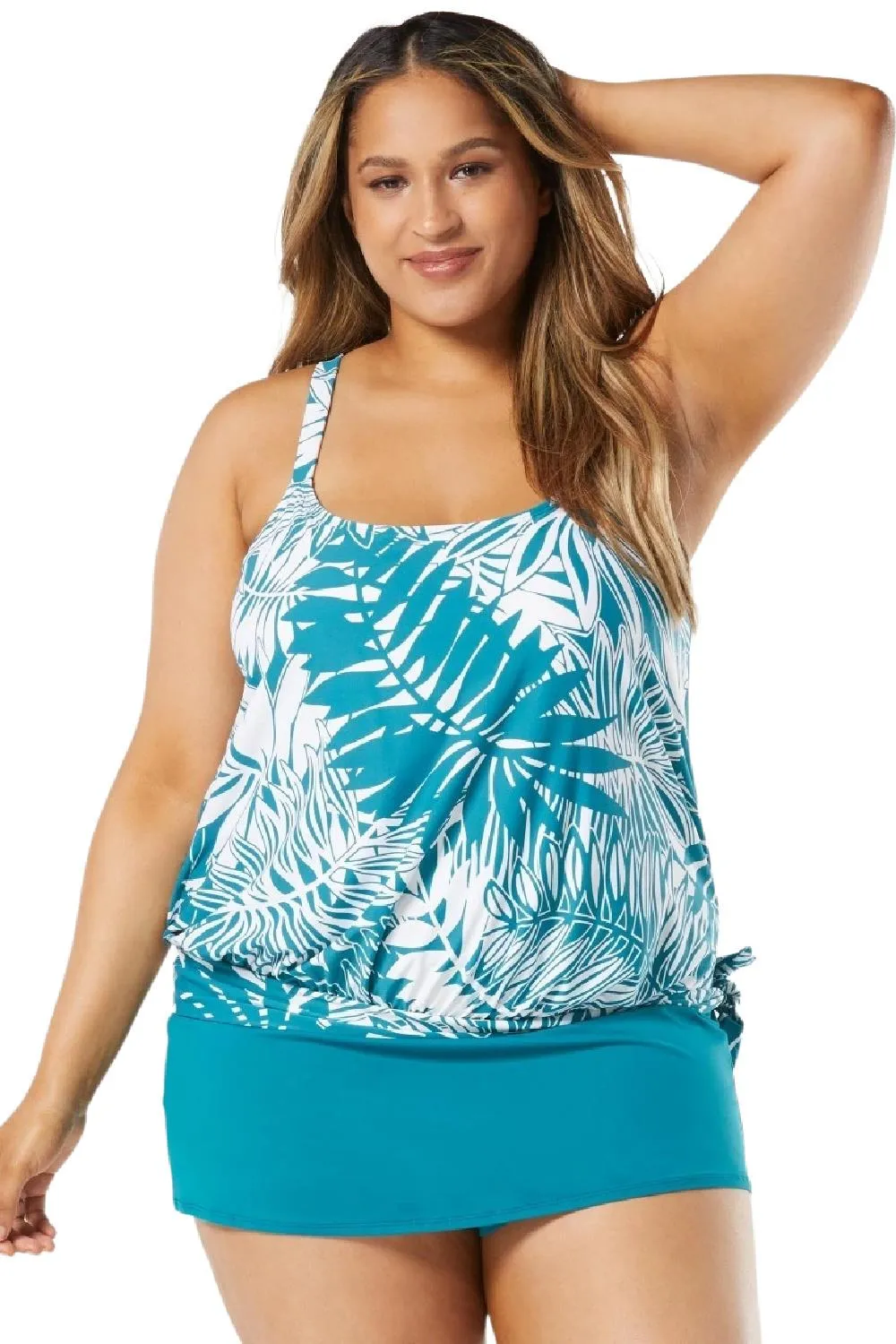 Beach House Women Abstract Palm Sarah Side Tie Tankini, Lagoon (HW14012)
