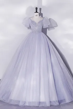 Beautiful Light Blue Tulle Sequins Prom Dress, Scoop Neck Short Sleeve Puffy Floor-Length Evening Dress