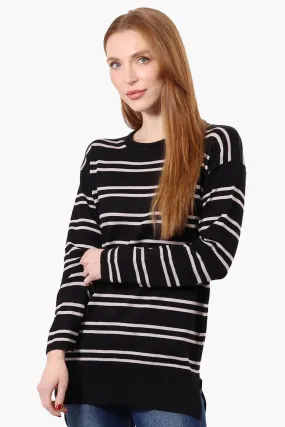 Beechers Brook Striped Round Neck Pullover Sweater - Black