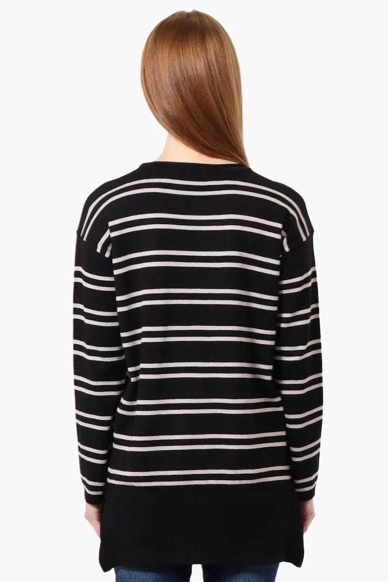 Beechers Brook Striped Round Neck Pullover Sweater - Black