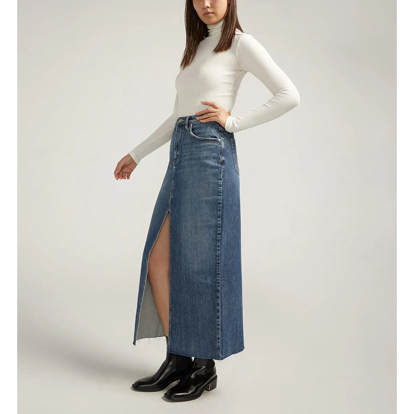 Blue Front Slit Maxi Denim Skirt