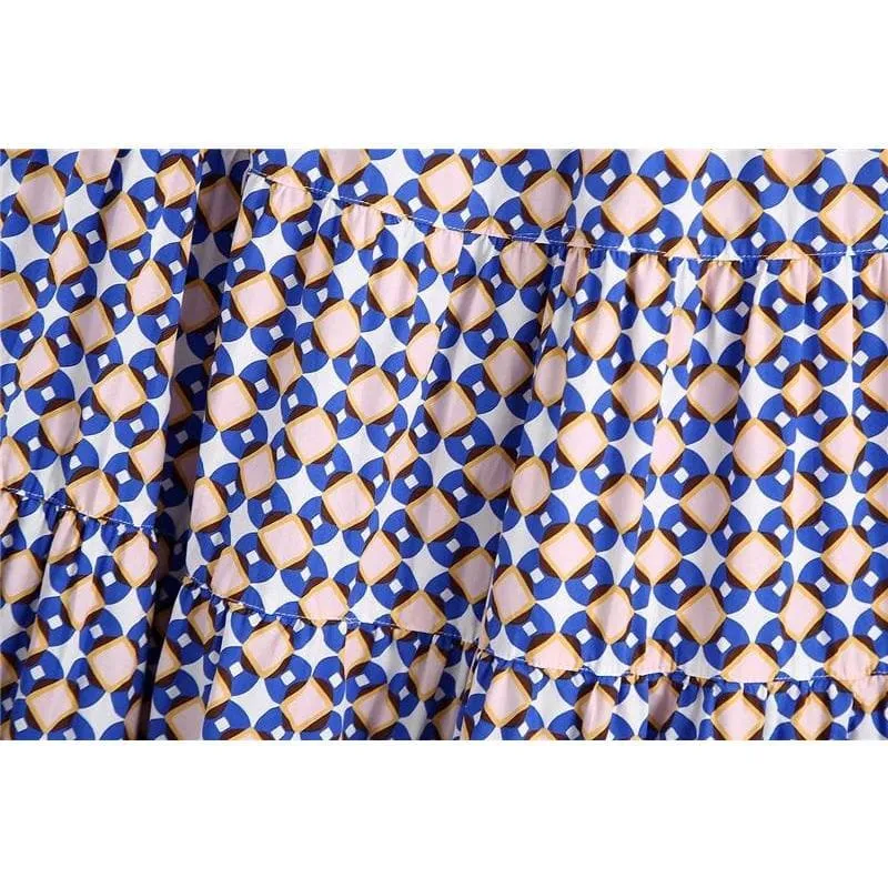BLUE GEOMETRIC DRAWSTRING LONG SKIRT