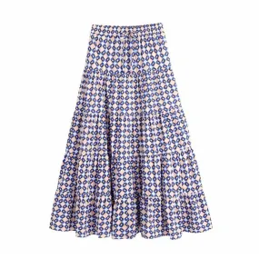 BLUE GEOMETRIC DRAWSTRING LONG SKIRT