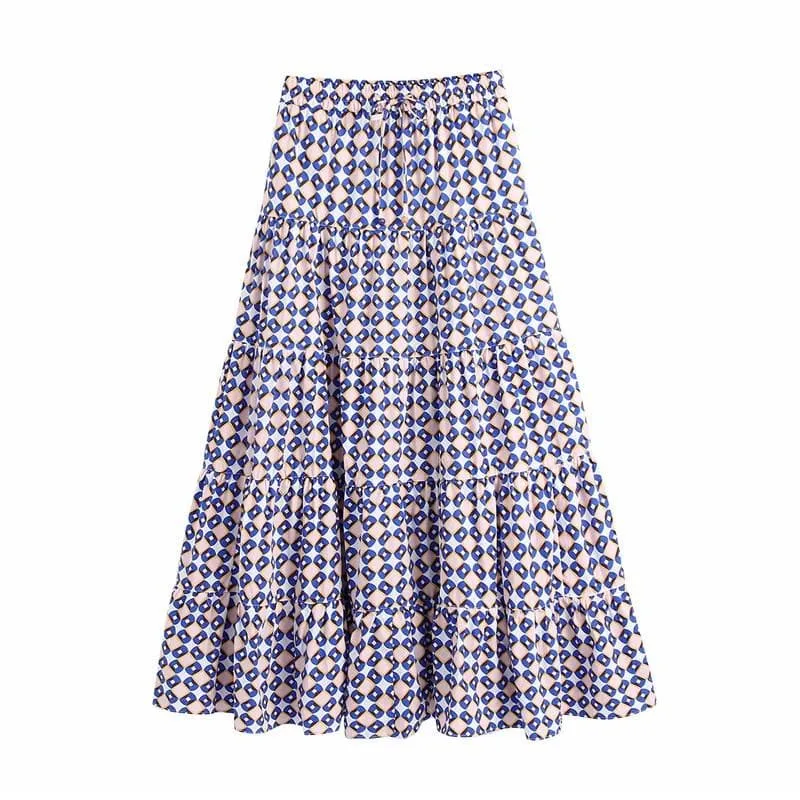 BLUE GEOMETRIC DRAWSTRING LONG SKIRT