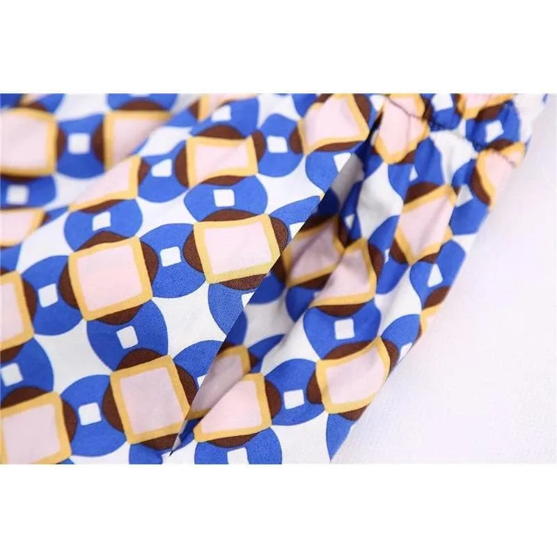 BLUE GEOMETRIC DRAWSTRING LONG SKIRT