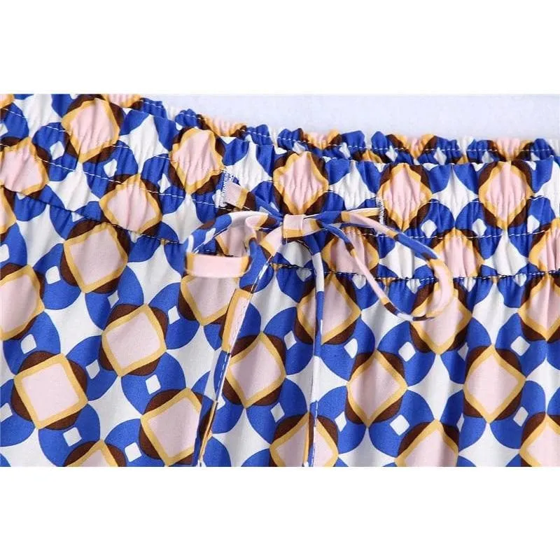 BLUE GEOMETRIC DRAWSTRING LONG SKIRT