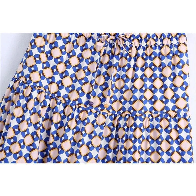 BLUE GEOMETRIC DRAWSTRING LONG SKIRT