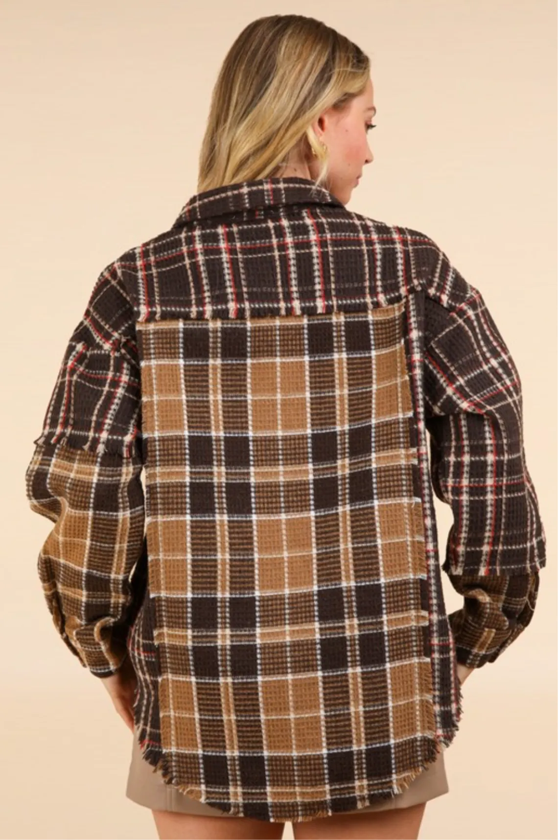 Books and Coffee Mixed Plaid Oversized Shacket Jacket