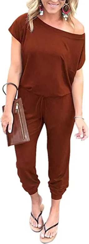 Brick Red Women's Loose Solid Off Shoulder Elastic Waist Stretchy Long Romper Jumpsuit - PRETTYGARDEN