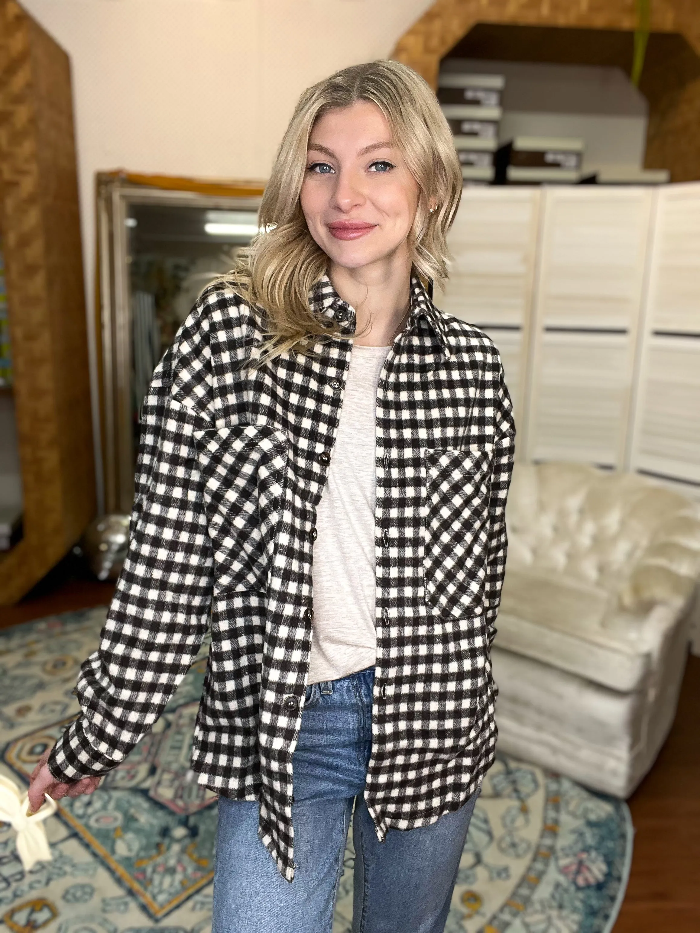 Brown and Cream Brushed Plaid Check Oversized Shacket