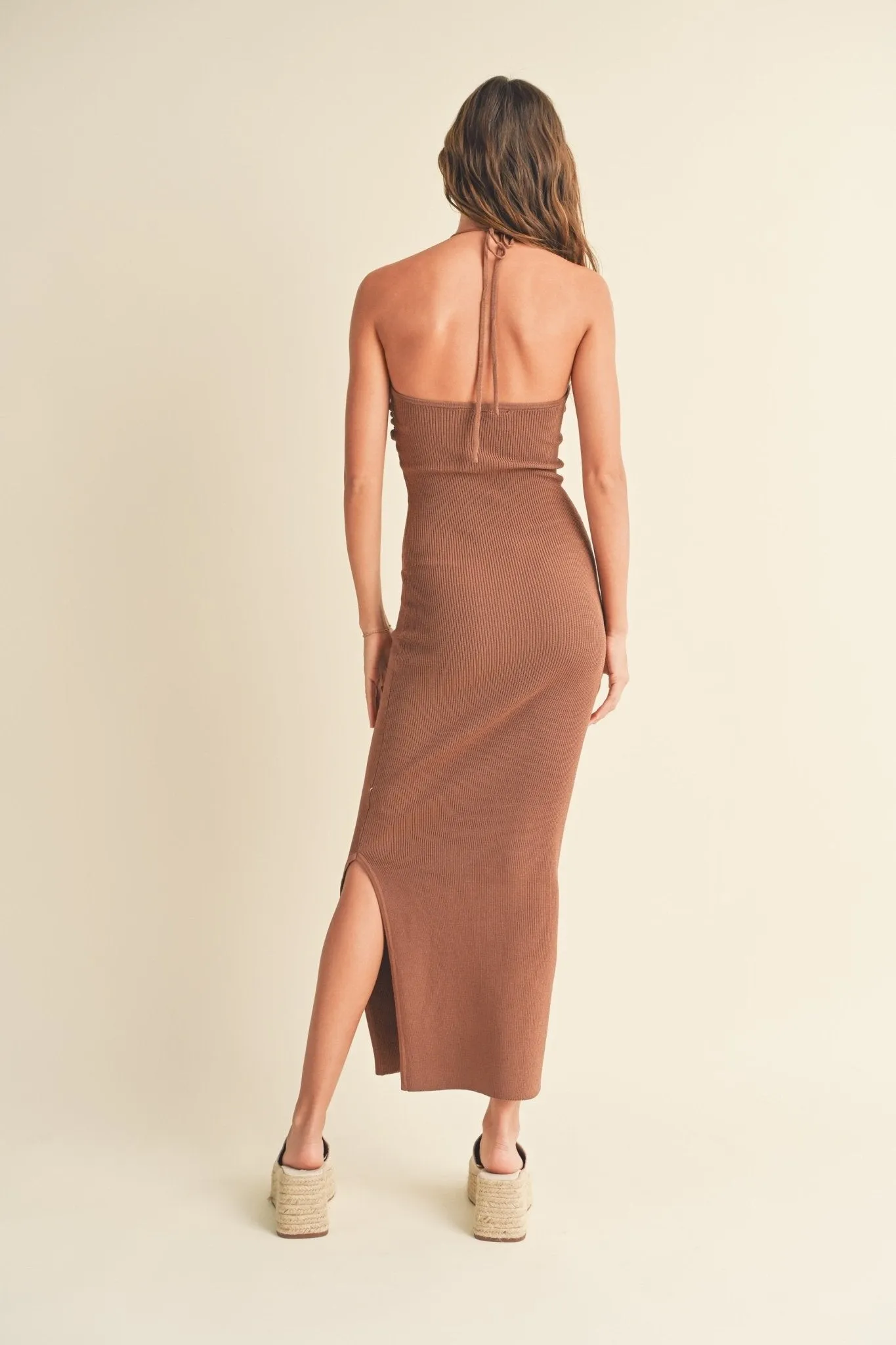 Brown Ruched Detail Halter Neck Knit Long Slit Dress