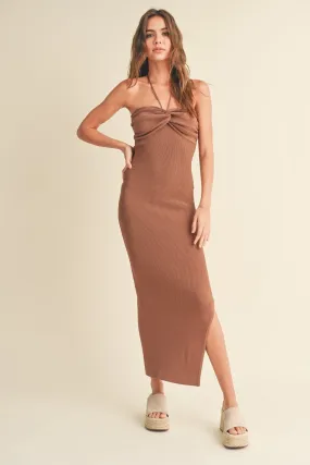 Brown Ruched Detail Halter Neck Knit Long Slit Dress