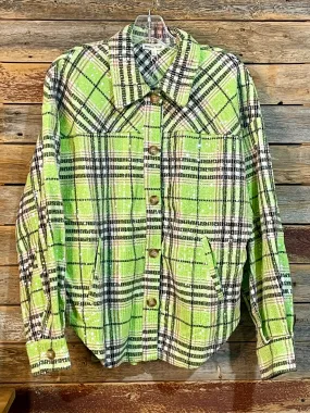 Button Down Sequin Plaid Shirt Jacket - Green