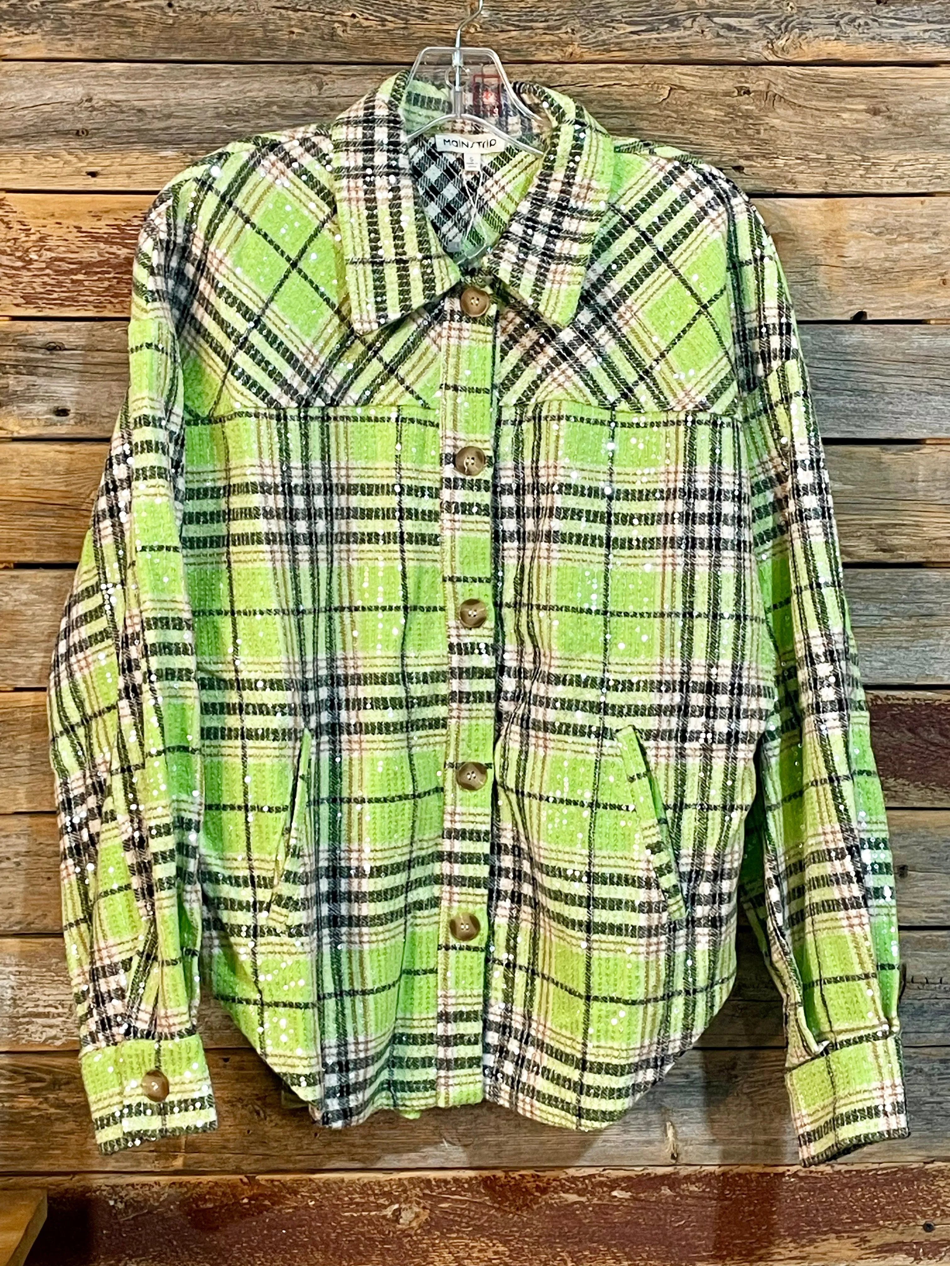 Button Down Sequin Plaid Shirt Jacket - Green