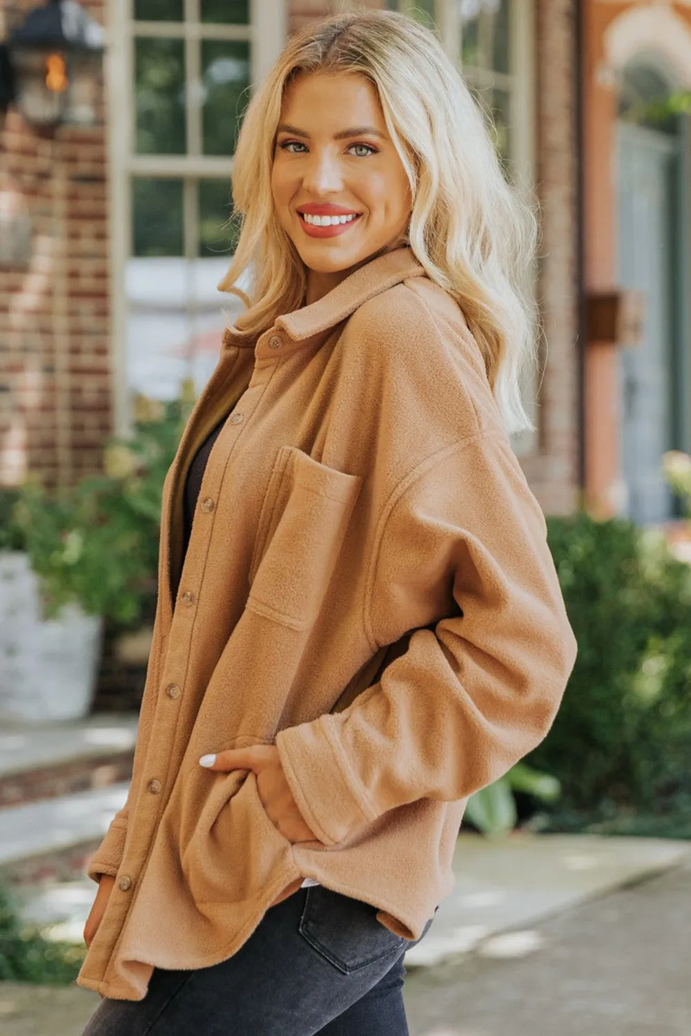Camel Chest Pocket Button Down Fleece Shacket