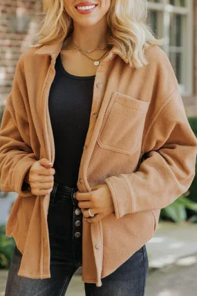 Camel Chest Pocket Button Down Fleece Shacket