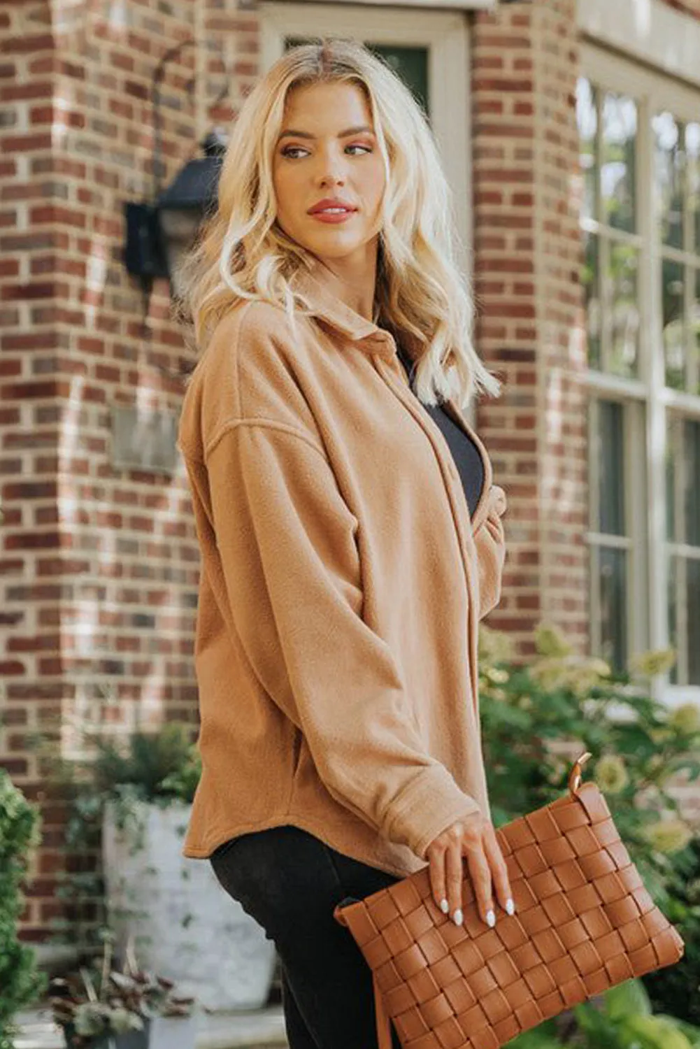 Camel Chest Pocket Button Down Fleece Shacket