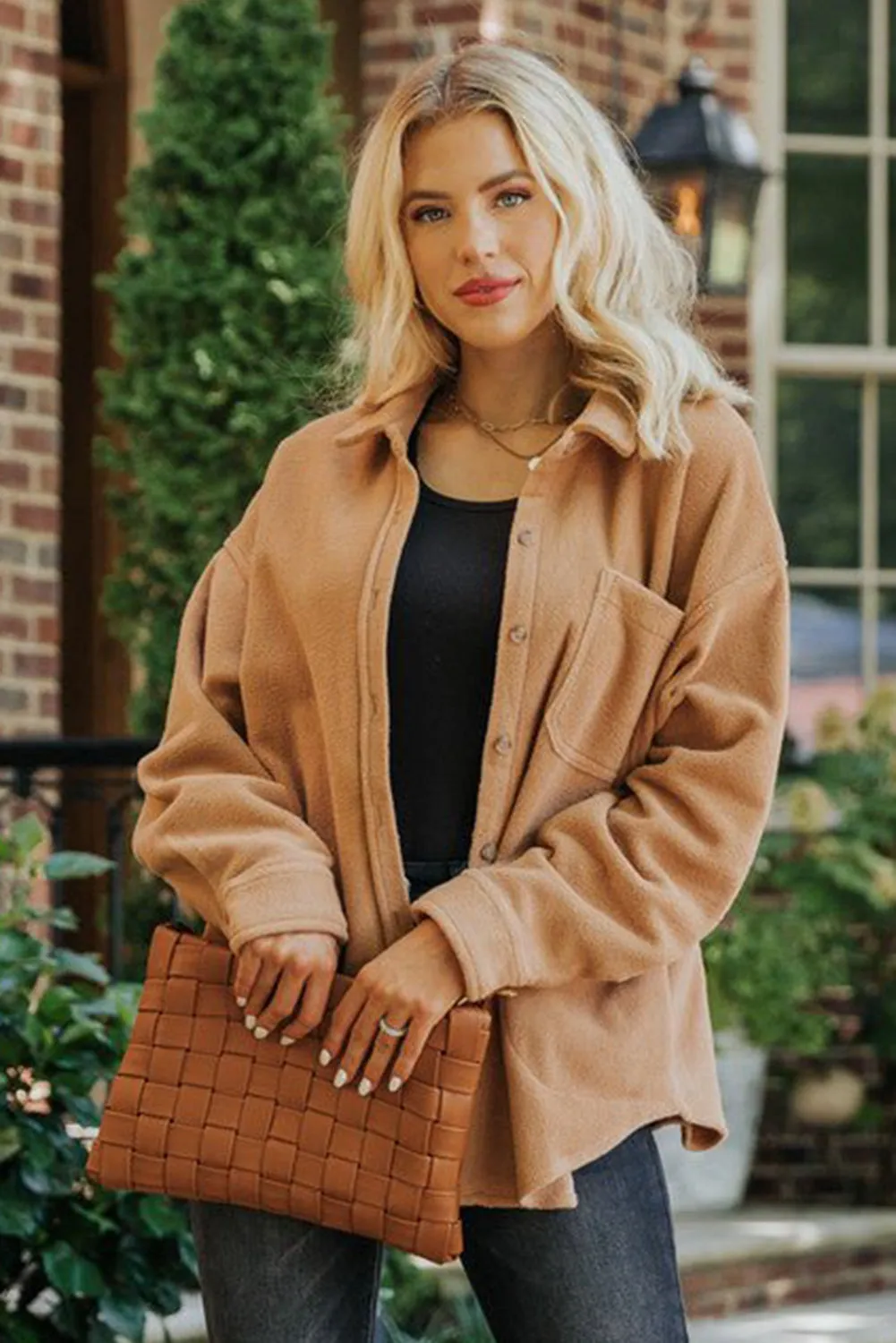 Camel Chest Pocket Button Down Fleece Shacket