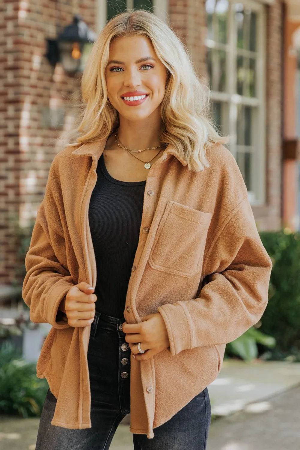 Camel Chest Pocket Button Down Fleece Shacket