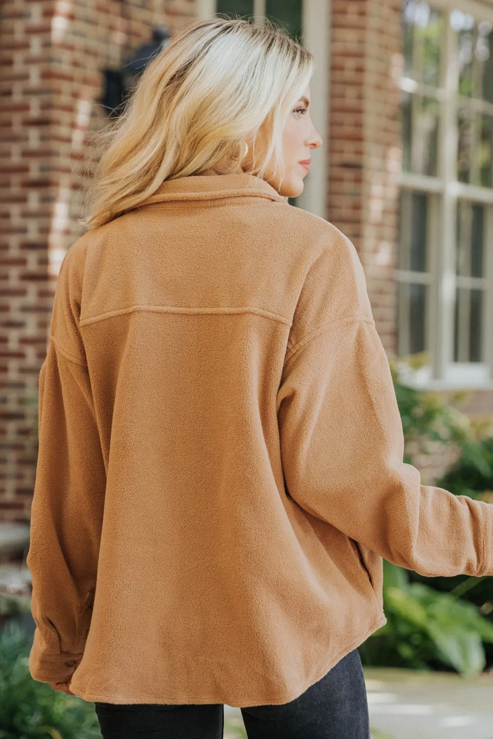 Camel Chest Pocket Button Down Fleece Shacket