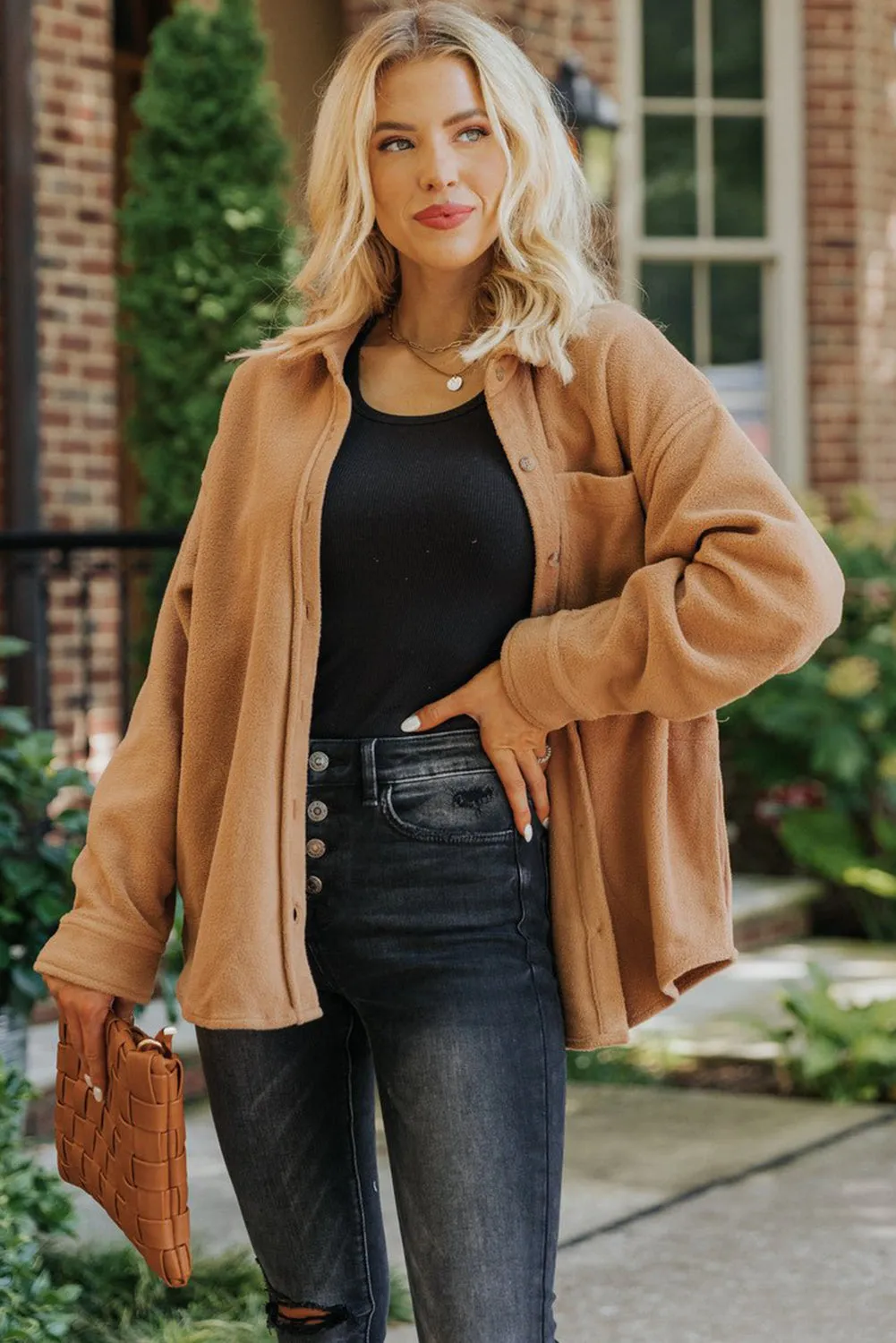 Camel Chest Pocket Button Down Fleece Shacket