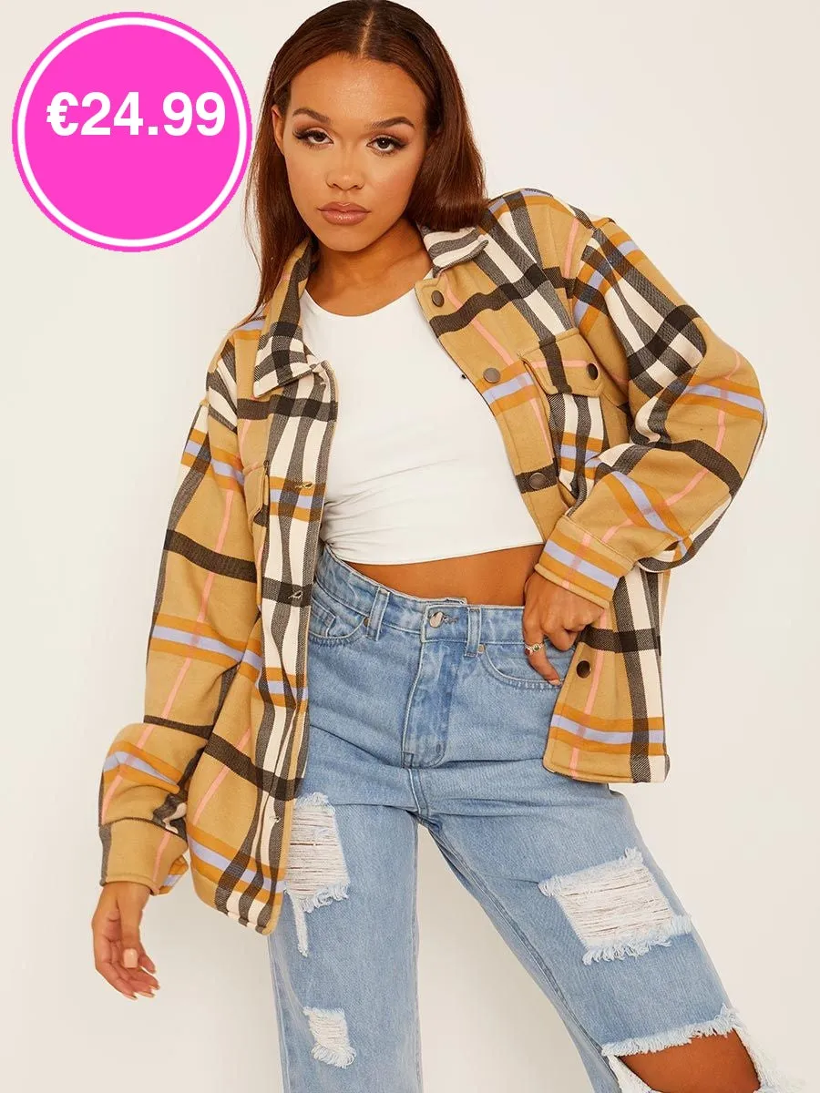 Camel Oversized Checked Shirt Jacket