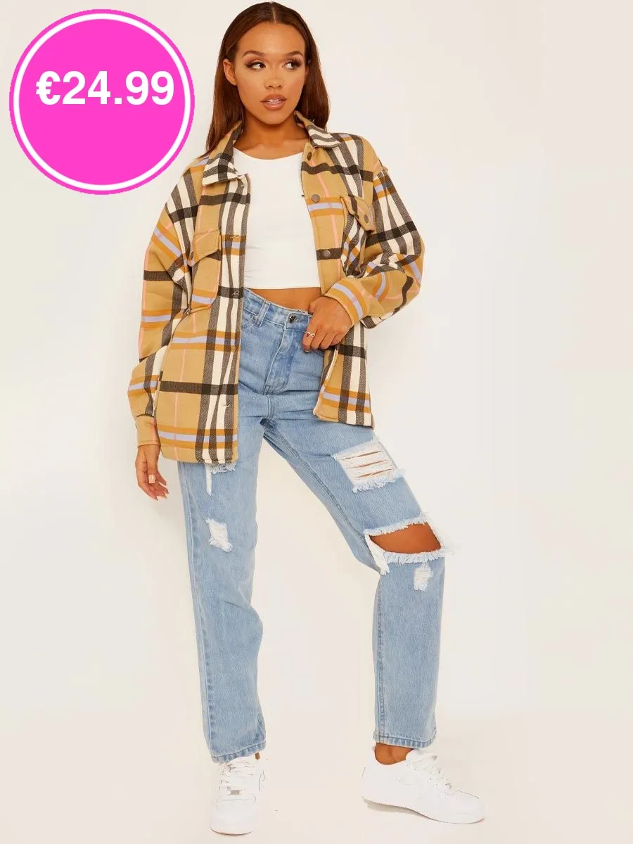 Camel Oversized Checked Shirt Jacket