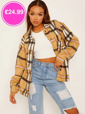 Camel Oversized Checked Shirt Jacket
