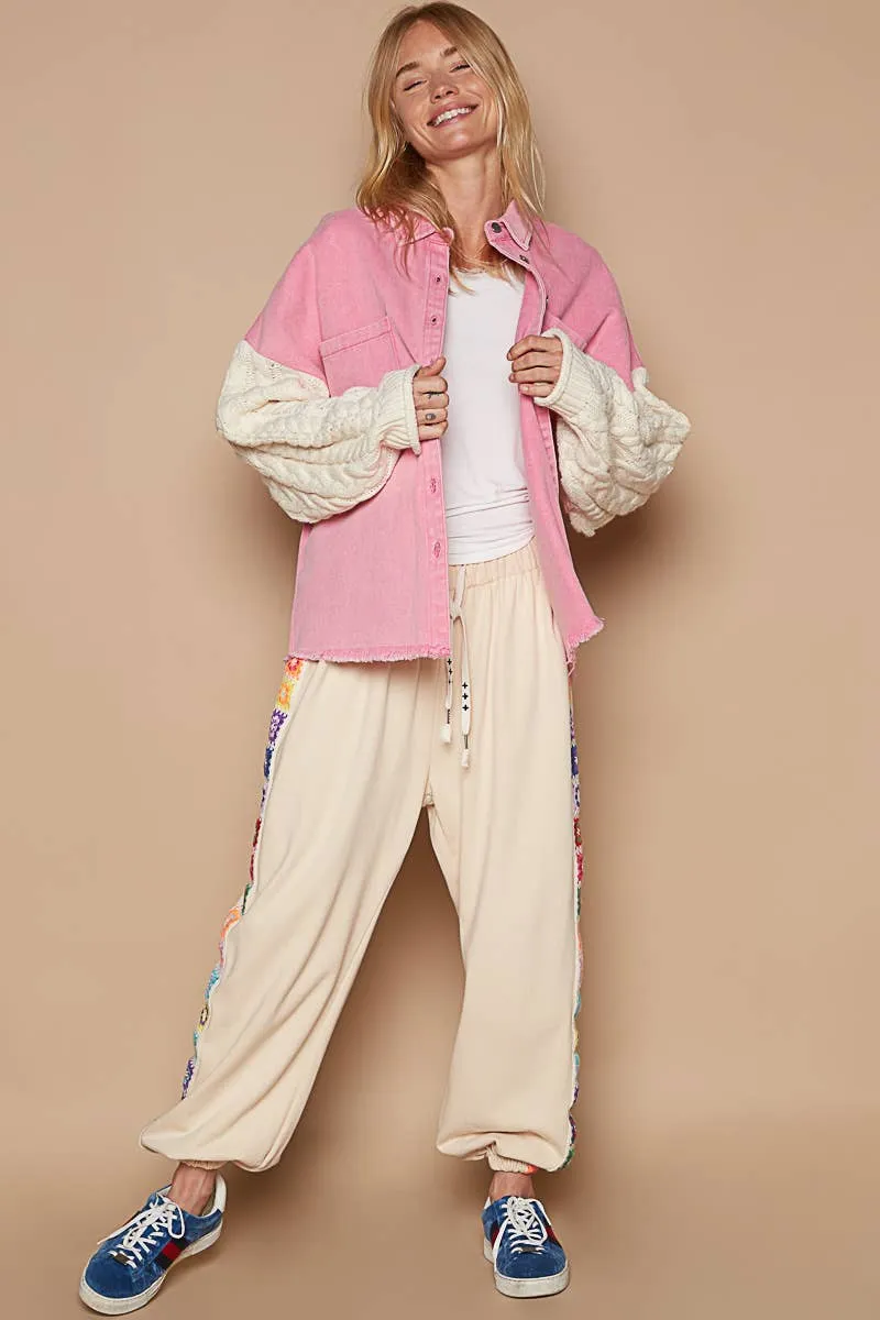 Contrast Sweater Sleeve Button Down Collared Shacket