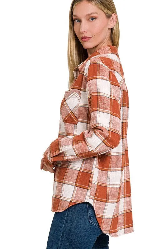 Cotton Plaid Shacket With Front Pocket
