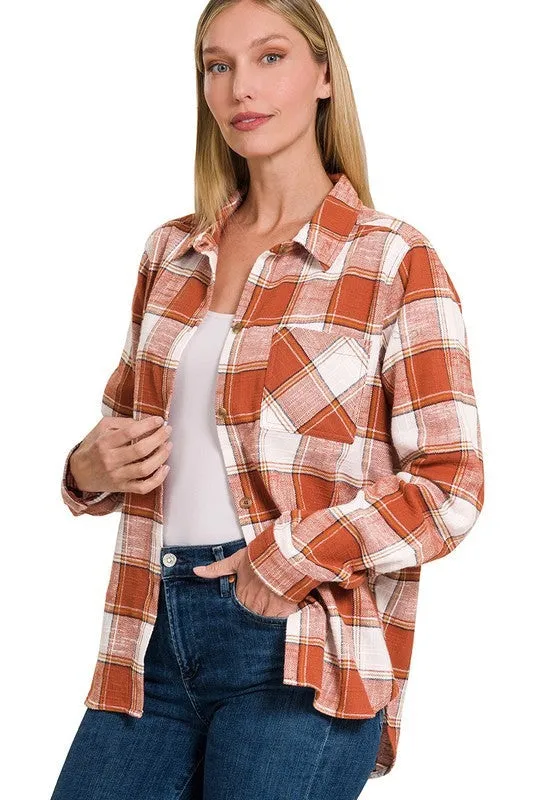 Cotton Plaid Shacket With Front Pocket